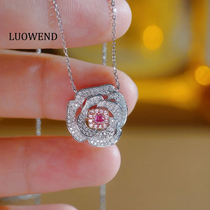 LUOWEND 100% 18K White Gold Necklace Romantic Flower Shape Real Natural Pink Diamond Pendant Necklace for Women Wedding Jewelry