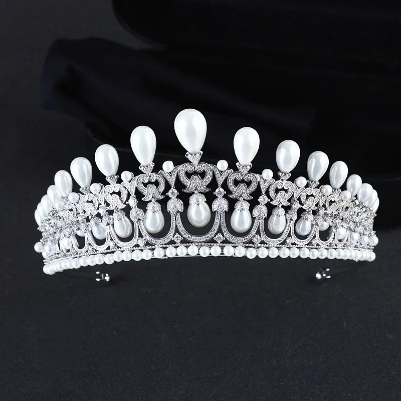 Retro Queen Pearl Crown Silver Diana Princess Tiara CZ Crystal Diadem for Bridal Hair Accessories