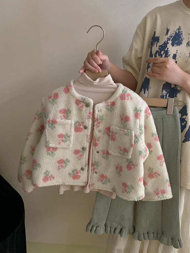 Girl's Autumn Jacket Korean Style Early Spring Fashion Single Breasted Sweet Floral Print Lamb Cashmere Jacket Trend Outwear