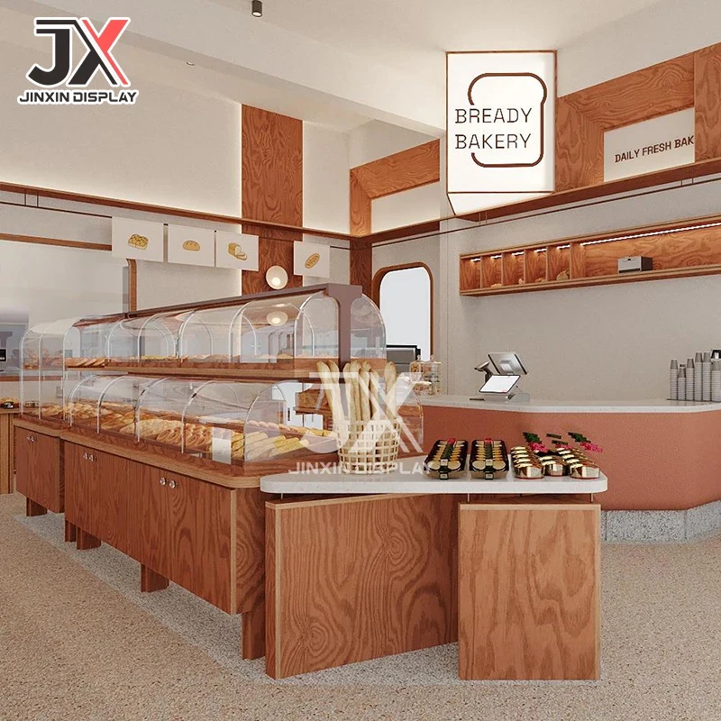 custom.Custom LED Bakery Display Cabinet Coffee Counter Bread Showcase Wooden Modern Cake Pastry Shelf Retail Cafe Furniture Sho view 4