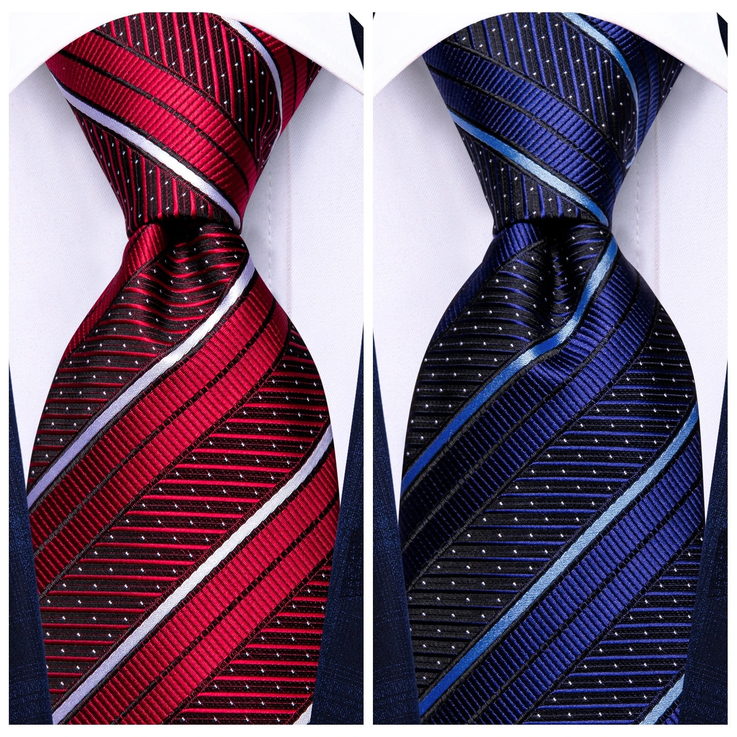 Hi-Tie Striped Burgundy Blue Black Men Elegant Necktie Handkerchief Cufflinks 3PCS Set Fashion Classic Silk Luxury Tie for Man