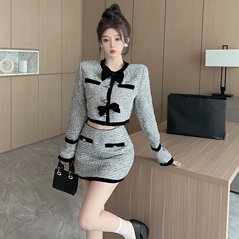 

Temperament Celebrity Stripe Jackets Hip Wrap Skirt Two-piece Set Women Bow Splice Single Breasted Contrast Color Autumn Wear