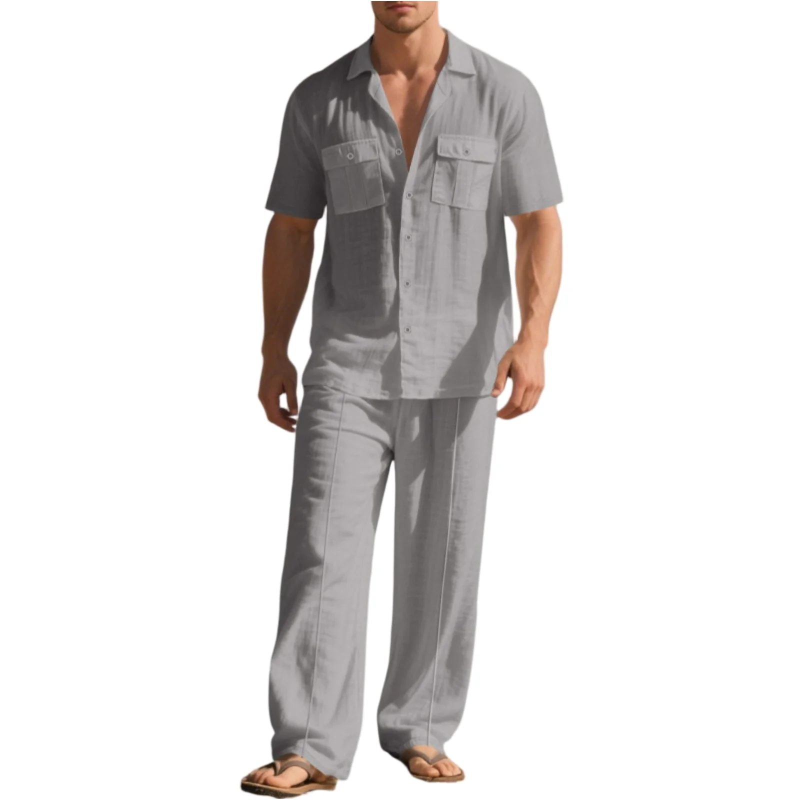 Abito da uomo casual in due pezzi in lino tinta unita risvolto doppia tasca con bottoni camicia a maniche corte pantaloni larghi con lacci in vita elastica
