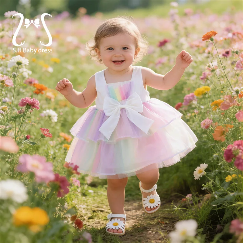 

Красное тюлевое платье для девочек, летний сарафан без рукавов, детский наряд с большим бантом для торжеств, вечеринок и свадеб, одежда для малышей 0-4 лет