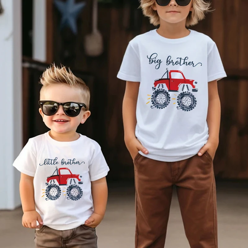 Cartoon Car Children Boy Clothes Big Brother Little Brother Family Matching T-Shirt Boys Birthday Party Shirt Summer Clothing