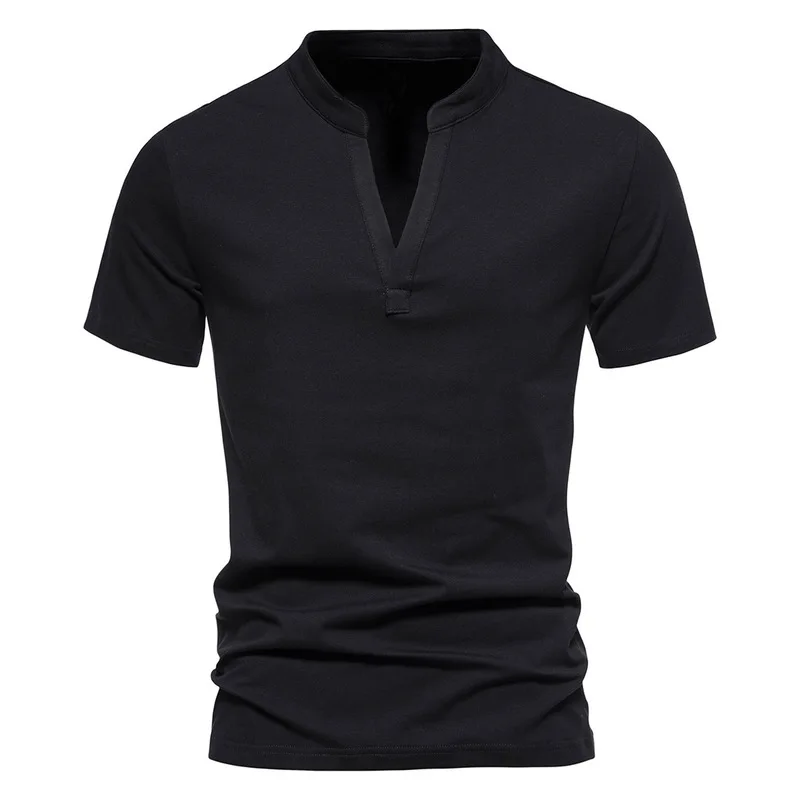 QICHE Men V Neck Short Sleeve T-shirt Cotton Stretch Solid Color Summer Casual Base Layer Top