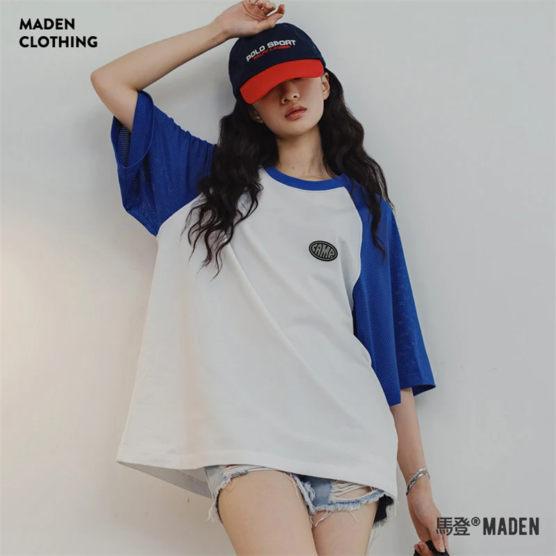 

Maden Contrasting Colors Short Sleeve Knit Cotton T-shirt for Women Summer Round Neck Loose Drop Sleeves Top Oversize T Shirts