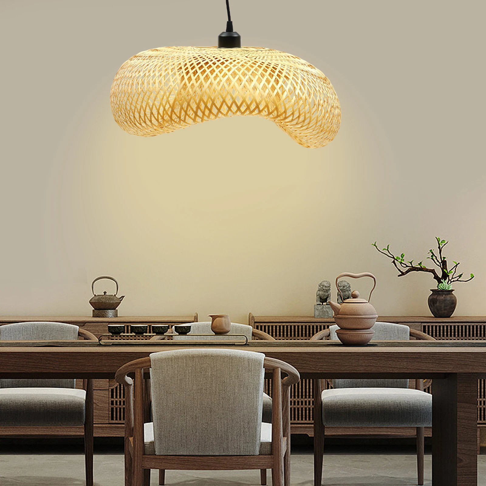 Elegant Natural Bamboo & Rattan Pendant Lamp - LED Woven Hanging Light Fixture, E27 Base, for Living Room & Bedroom Decor