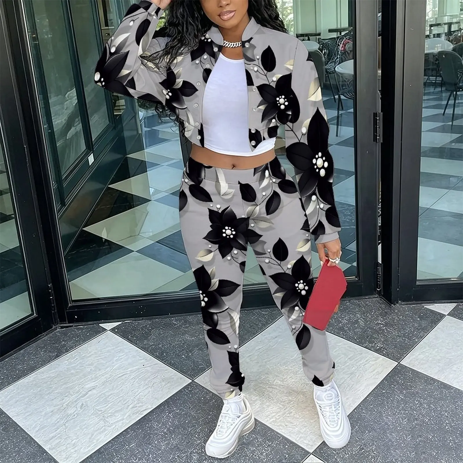 Female Fashion Two‑Piece Set Retro Long Sleeve Stand Collar Jacket  Slim Fit Long Pants Ladies Everyday Commuting Elegant Outfit