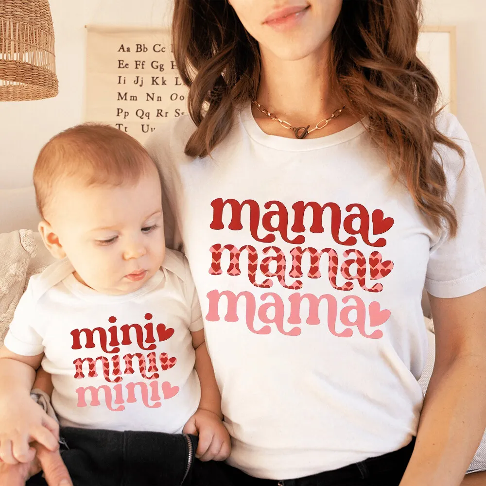 2 T-shirts with MAMA and MIMI Printed on Them Mommy Shirt & Baby Romper Stylish and Breathable Family Tops for Casual Wear