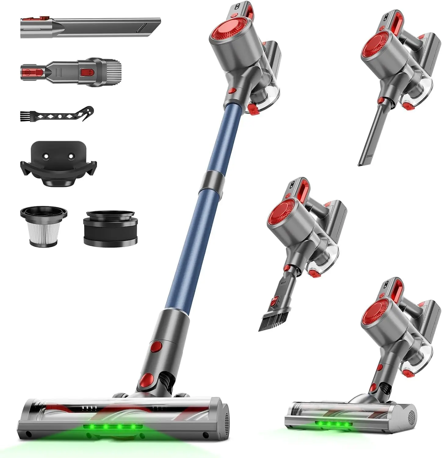 Powerful Cordless Stick Vacuum Cleaner for Home, 6-in-1 Lightweight Handheld Vacuum with Rechargeable Battery, Green Light Anti-Tangle Brush, Ideal for Pet Hair, Hard Floors and Carpets, Red