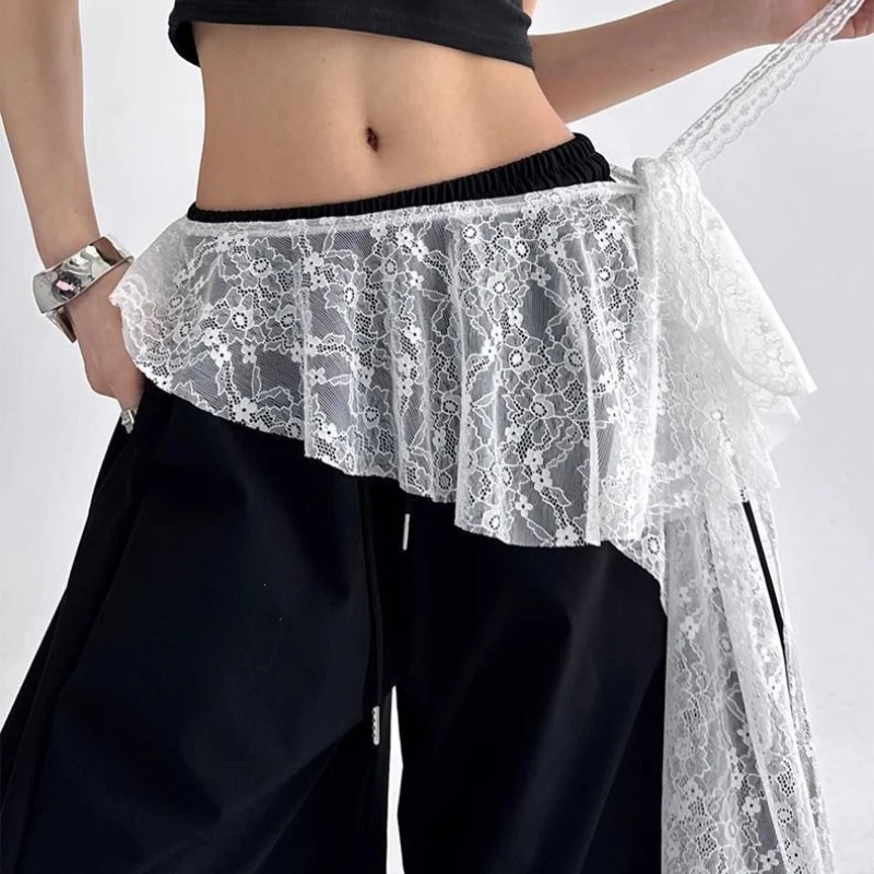 الجينز السراويل ديكور المطرزة زهرة الدانتيل تنورة صغيرة غير النظامية انظر من خلال التنانير Ruched عالية الخصر Harajuku مطوي التنانير