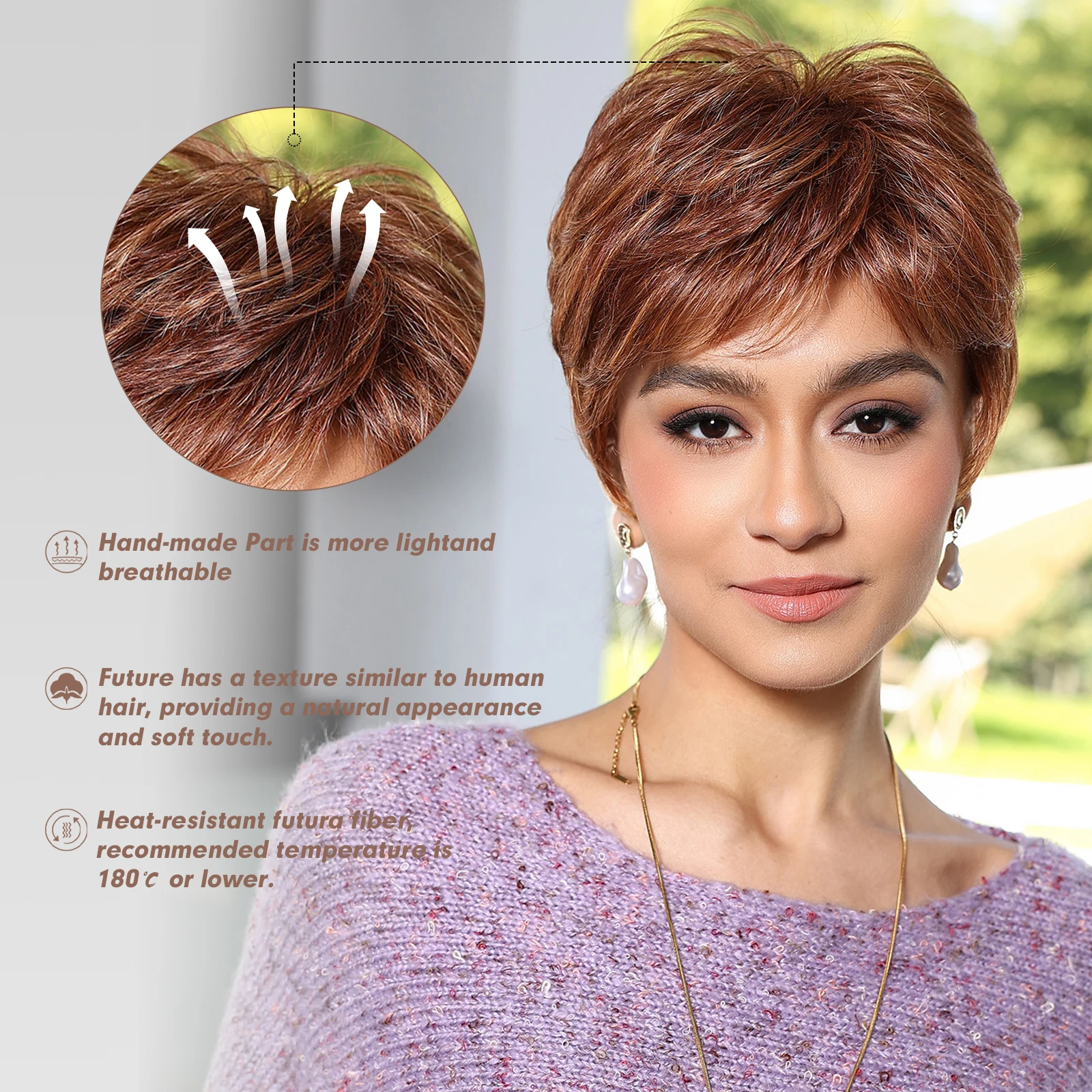 Chestnut Brown Pixie Cut Synthetic Wigs Red Brown Layered Hair Wig Breathable Knotless MONO Good Lace Front Hair Wigs for Women