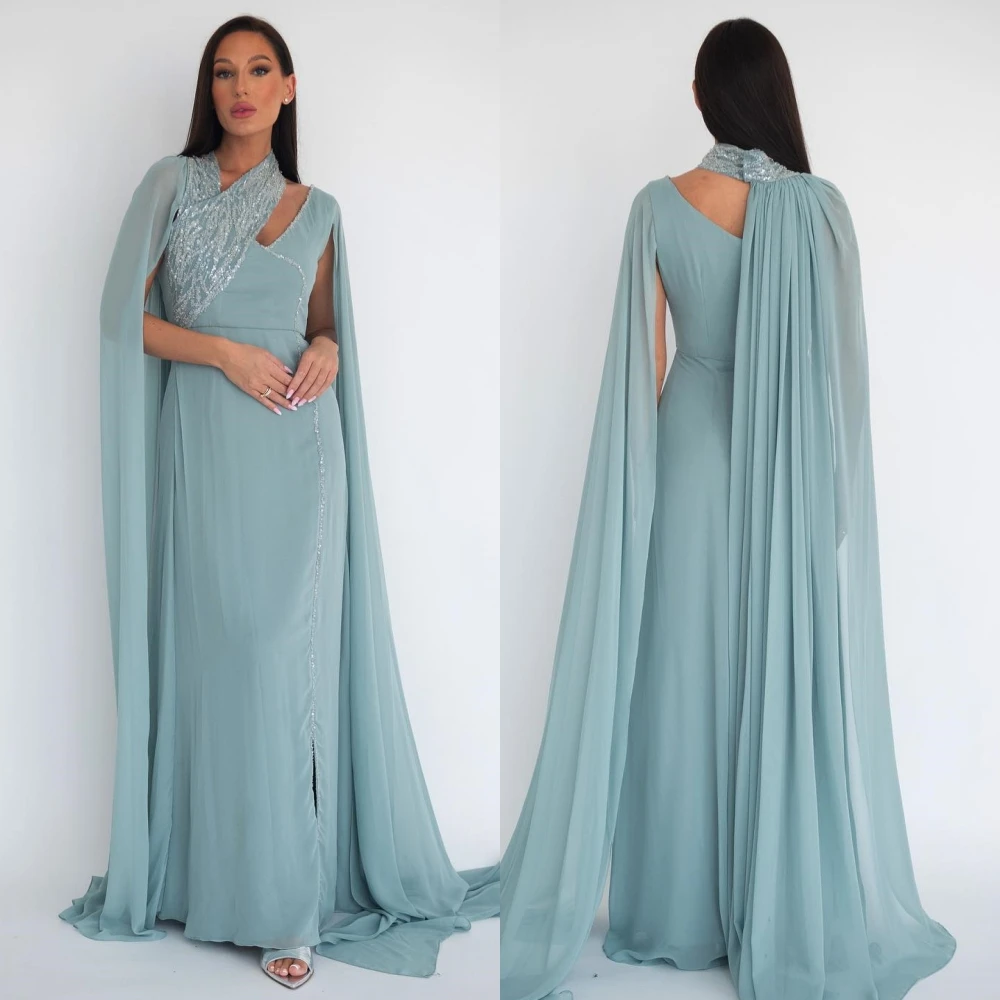 Yipeisha Elegante Maten Beschikbaar Halter A-Lijn Paillette/Pailletten Vloerlengte Rokken Chiffon Avondjurken Es