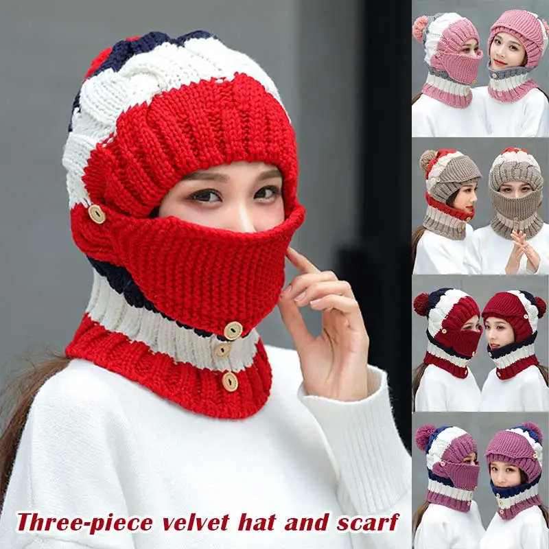 New Fashion Autumn Winter Plus Velvet Breathable Windproof Hat Women's Bib Face Cover Three-Piece Set Warm Knitted Hat Outdoor