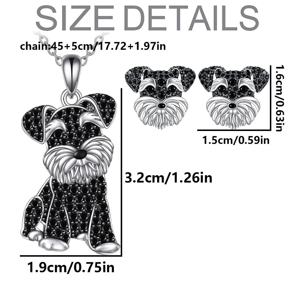 2Pcs/Set Cute Black Crystal Schnauzer Pendant Necklace and Earrings for Ladies, Jewelry Accessories, Parties, Holiday Gifts