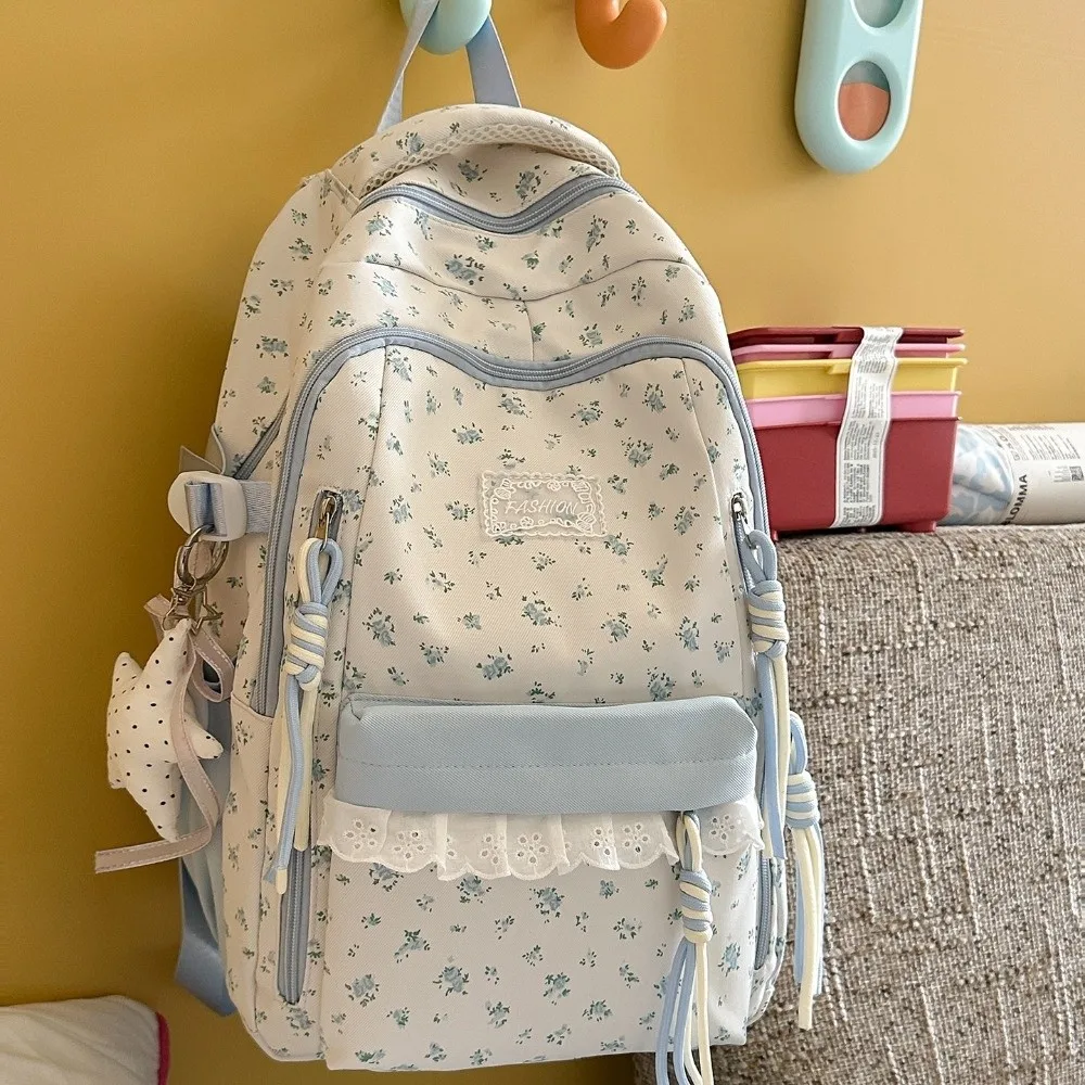 Lace Decor Floral Print Backpack Ultra Lightweight Star Pendant Bookbag Large Capacity Fresh Aesthetic School Bag Short Trips