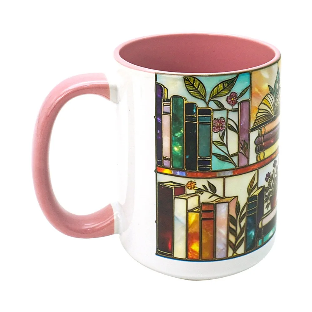 

Bookshelf Pattern Flower Ceramic Milk Cup Bronzing Colored Glaze Fun Bookworm Gift Floral Ceramic Coffee Mug 15 oz