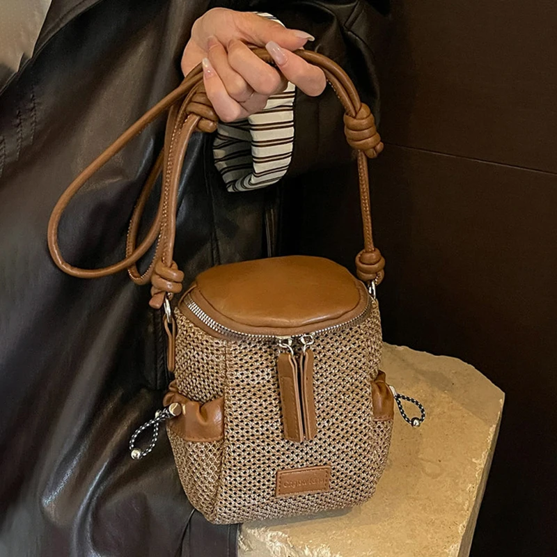 Retro Woven Bucket Bag 2026 New Contrasting Color Mini Crossbody Bags Women's Casual Hollow Out Zipper Shoulder Pack