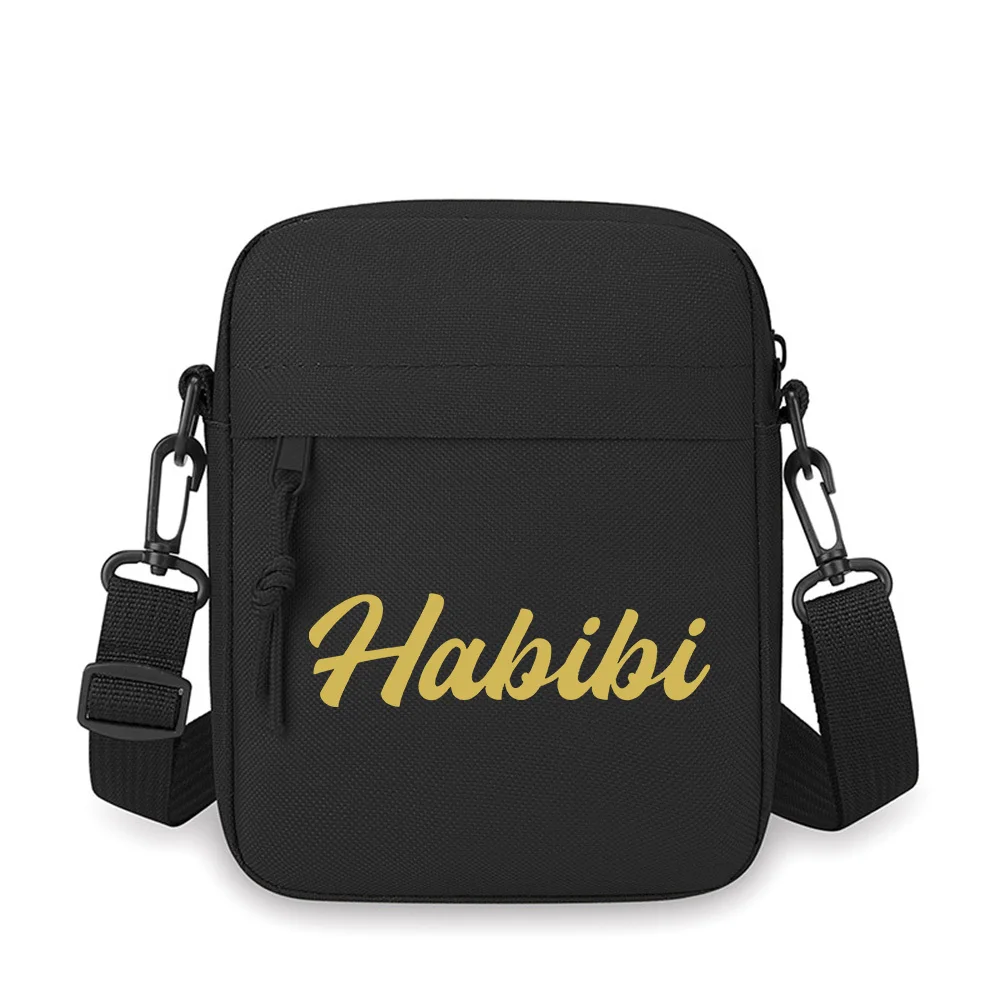 

Habibi gold cursive letters black background Men Crossbody Bag Single Shoulder Women Cartoon Anime Film Printing Design Unisex