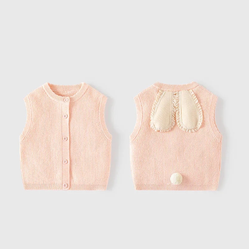 

Spring Autumn Baby Girls Vest Solid Pit Striped 3D Rabbit Ears Balls Toddler Girls Waistwear Woven Cotton Little Girls Sweater