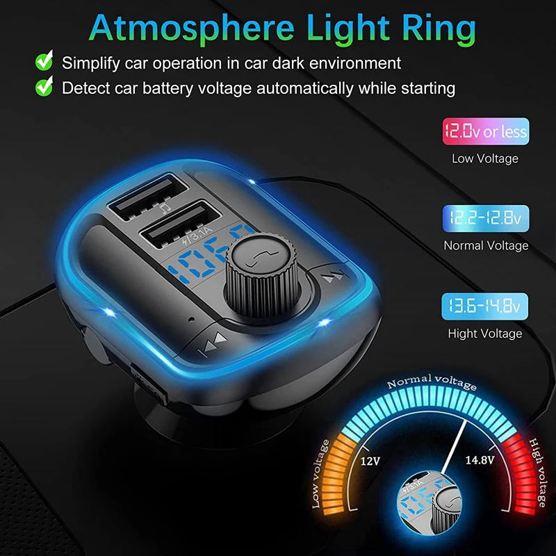 Car Bluetooth 5.0 FM Transmitter Car MP3 Player With LED Ambient Light Screen Radio Transmitter