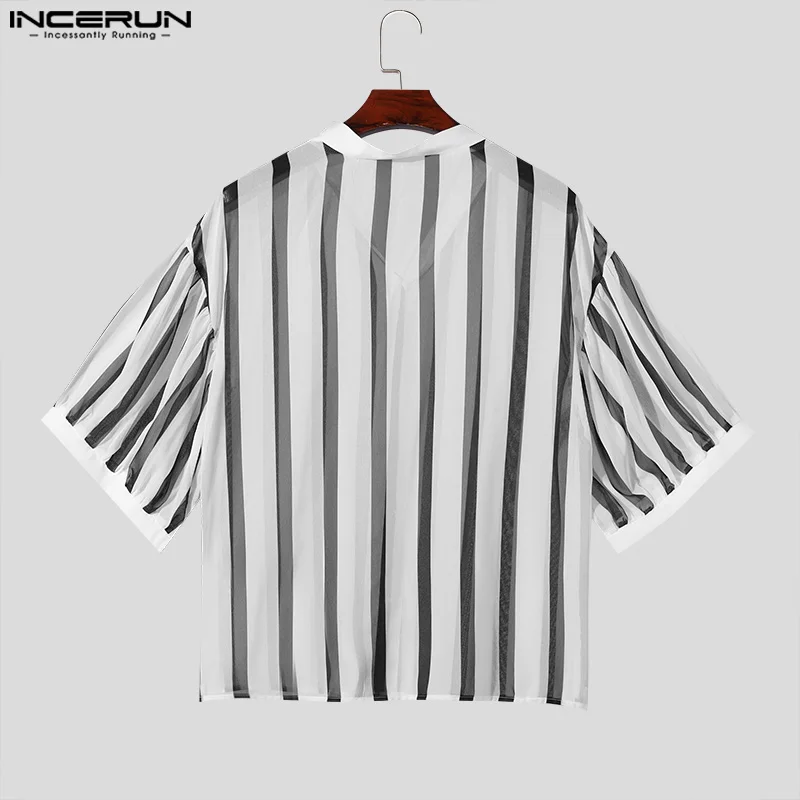 INCERUN Tops 2024 Korean Style Men\'s Black&White Chiffon Striped Shirts Casual Street Simple V-neck Medium Sleeved Blouse S-5XL