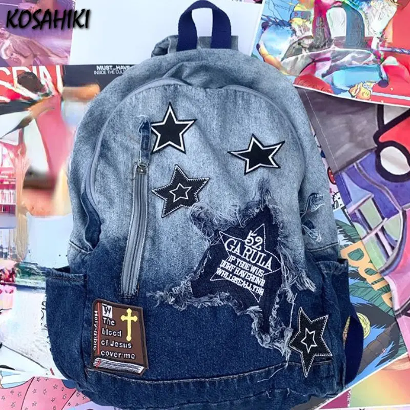 

Fashion Star Tassel Backpacks Gradient Y2k Aesthetic Schoolbags for Female College Student High-capacity Vintage Denim Bag Women