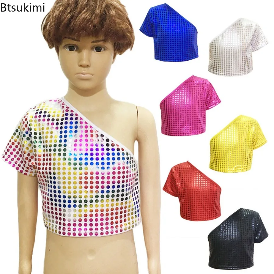 Girls Boys Sequins Polka Dot Slanted Shoulder T-Shirt Children Glossy Loose Jazz Hip Hop Dance Top Blouse Performance Dancewear