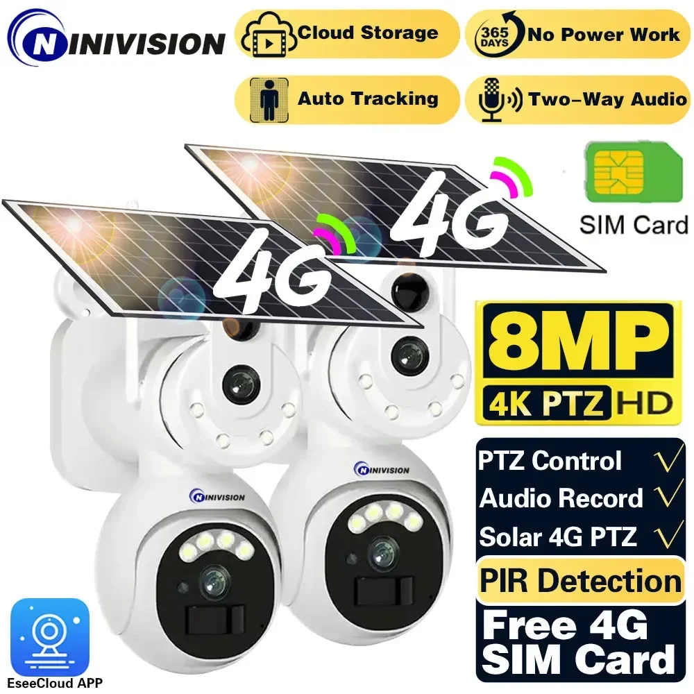 

4G SIM Card Solar Camera Built-in Battery Outdoor IP Camera 4K Wireless Security PTZ Camera PIR Tracking Surveillance EseeCloud