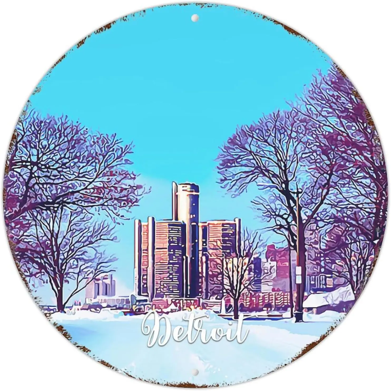 Detroit Scenery Cityscape Signs Detroit Round Tin Signs Aluminum Metal Signs Wall Art Farmhouse Decorative Wreath Sign Rustic Wa