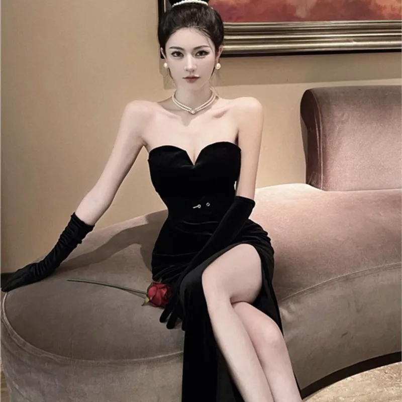 

Hepburn style black strapless velvet dress women's birthday skirt