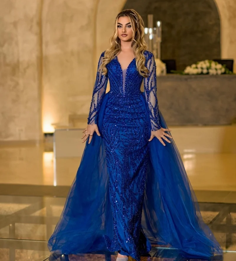 Elegante Royal Blue Abendkleider Illusion Kristalle Party Kleid Spitze Dichter Lange Meerjungfrau