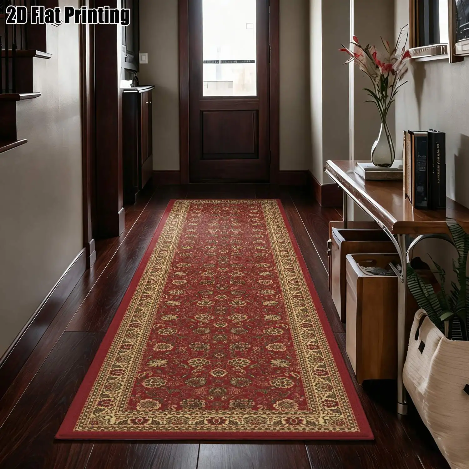 1Pc 2D Printed Long Strip Runner Carpet: Red Floral, European-Style, Retro, Geometric Striped, Bohemian, Home Decor, Multi-Size, Machine Washable, Suitable for Entrance, Hallway, Living Room, Bedroom