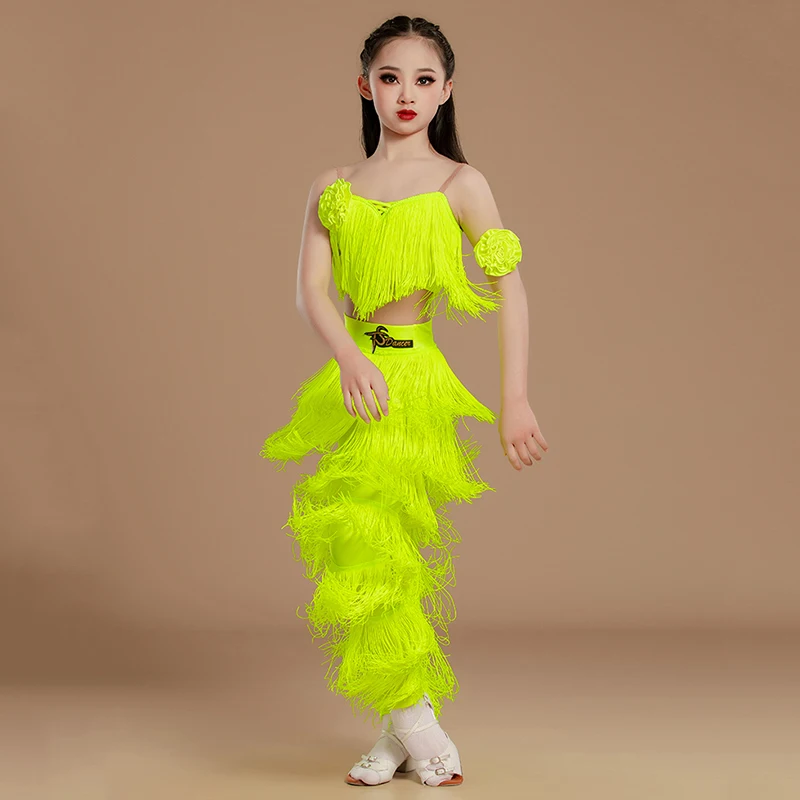 

2025 Kids Latin Dance Clothes Girls Tassel Tops Pants Cha Cha Rumba Samba Dance Practice Perform Costume Competition Wear L14943