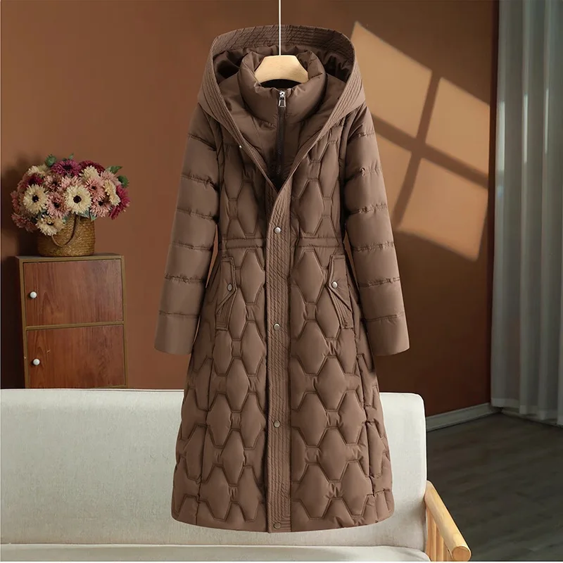 

Winter New Long Over-Knee Cotton Padded Jacket Thickened Down Hooded Women's Coat Slimming Waist Design Cotton Outerwear