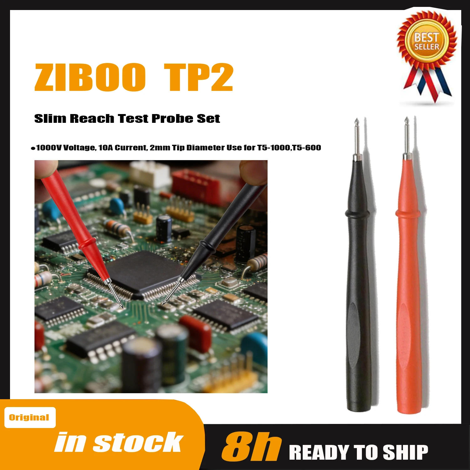 ZIBOO TP2 2 Piece Slim Reach Test Probe Set with Stainless Steel Tip, 1000V Voltage, 10A Current, 2mm Tip Diameter