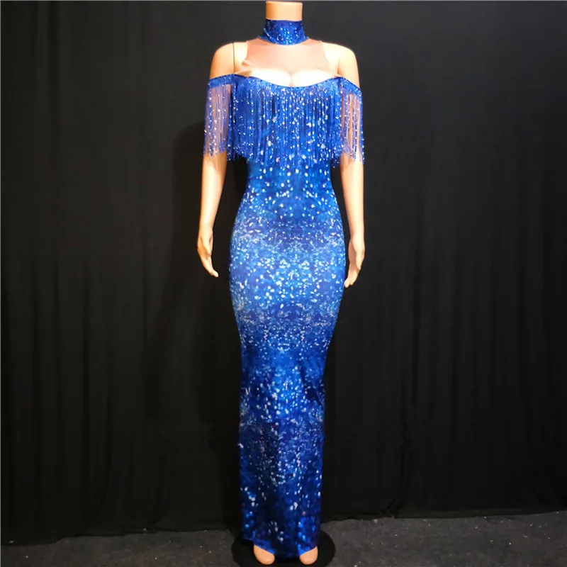 

Blue Fringe Tassel Off Shoulder Long Dress Women Birthday Prom Celebrate Costume Singer Host Bar Concert Stage Performance Wear