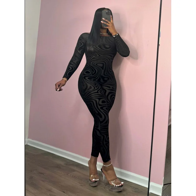 

CN0226Europe and America Cross Border Women's Clothing2024Autumn Winter New Style Elegant Printed Sexy Backless Tight Jumpsuit