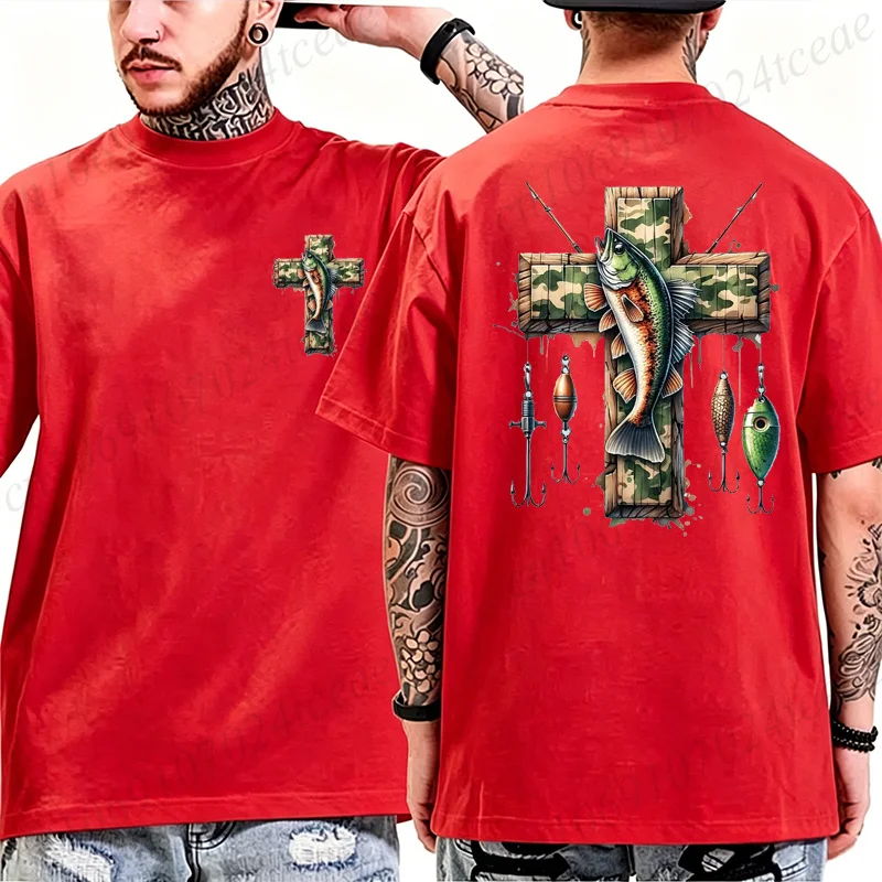 Men's Fishing Theme Design Print T-Shirt Fishing Cross Hook Graphic Tee Summer Casual Tops Unisex Fisherman Gift Streetwear