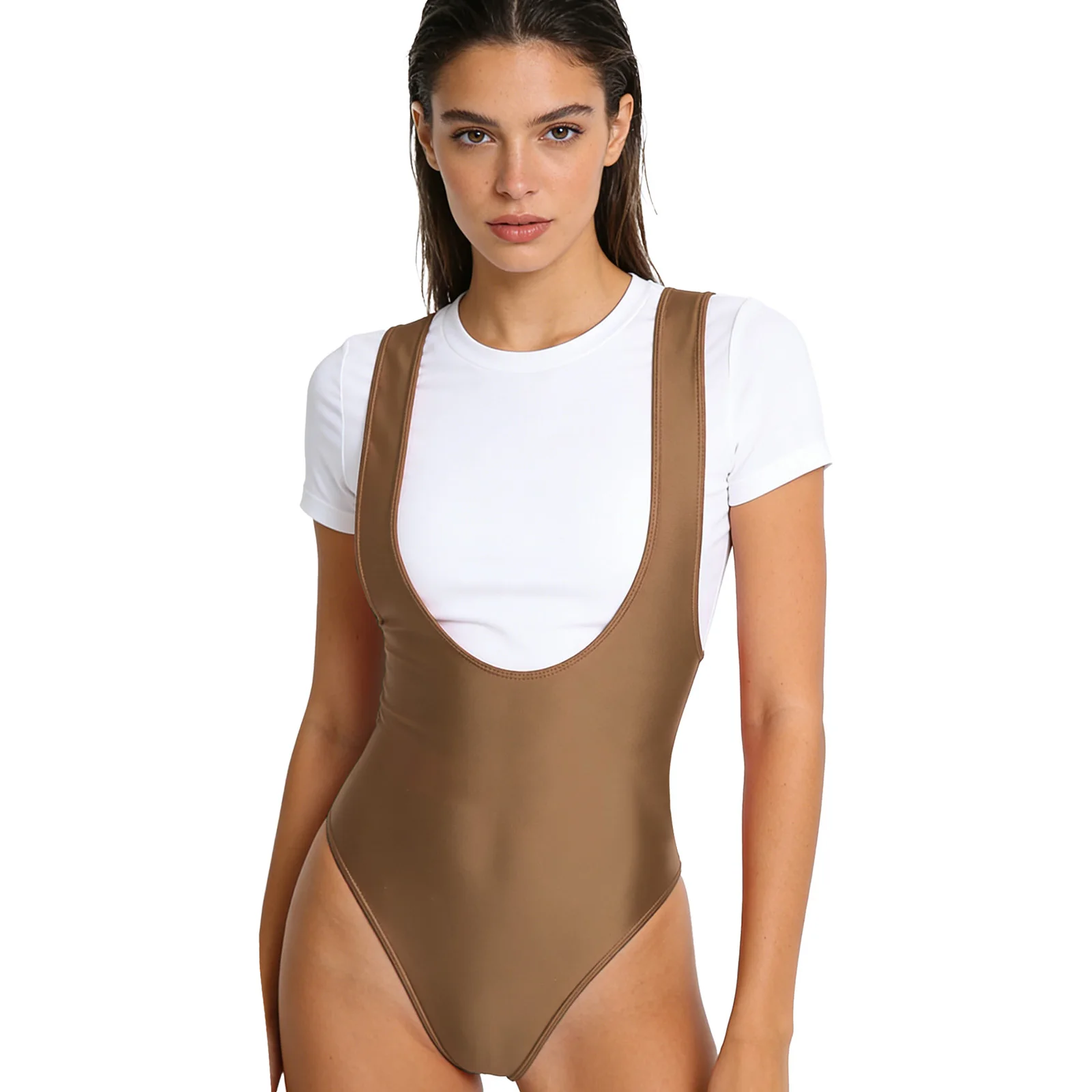 

Женский глянцевый облегающий боди-купальник с глубоким вырезом, открытой спиной и узкой ластовицей, цельный комбинезон для йоги, тренировок и плавания