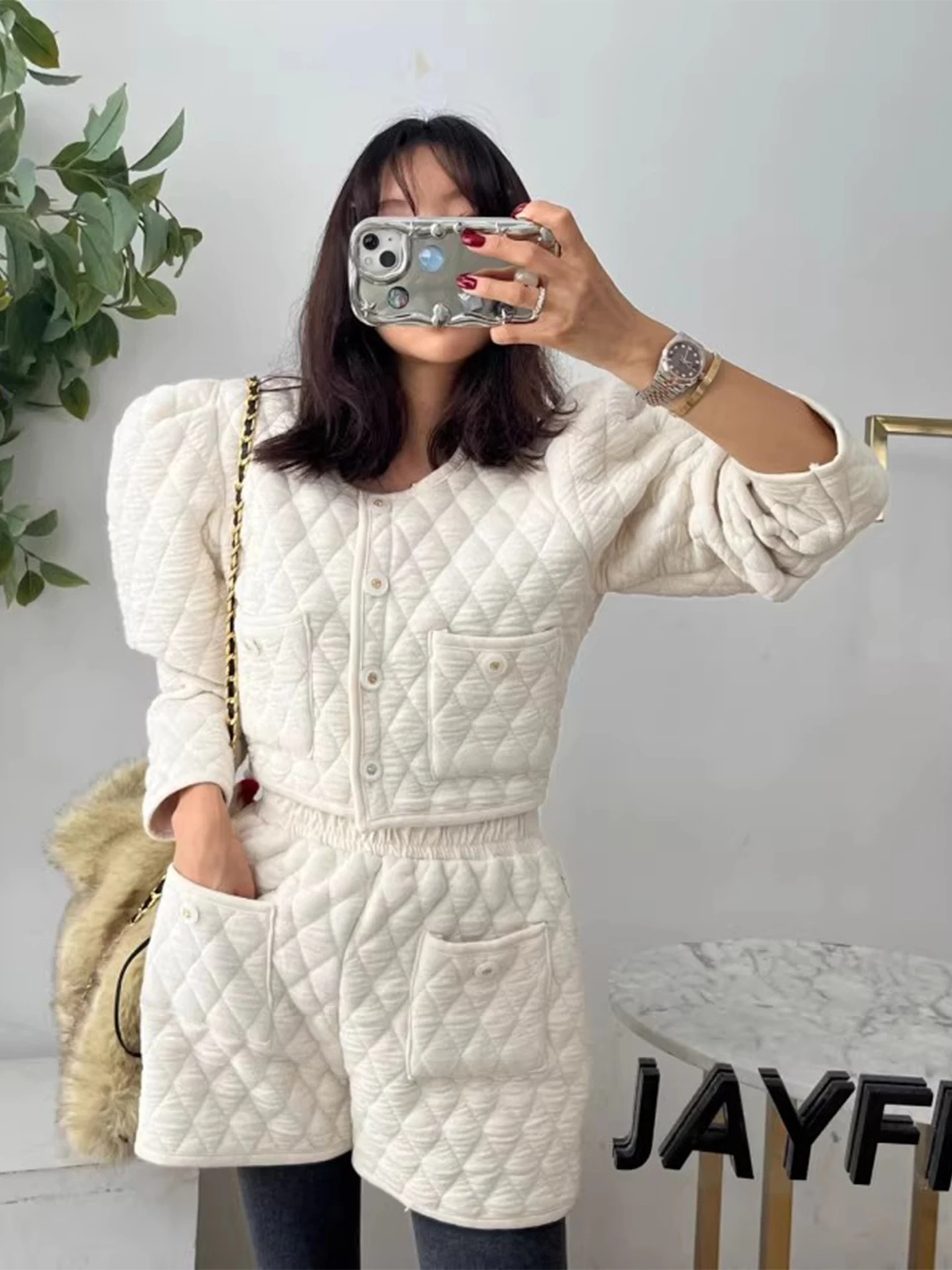 

Faionable повседневный хлопковый комплект с высокой талией и орками для женщин, стеганая верхняя одежда с вышивкой, осень-зима, два пи...