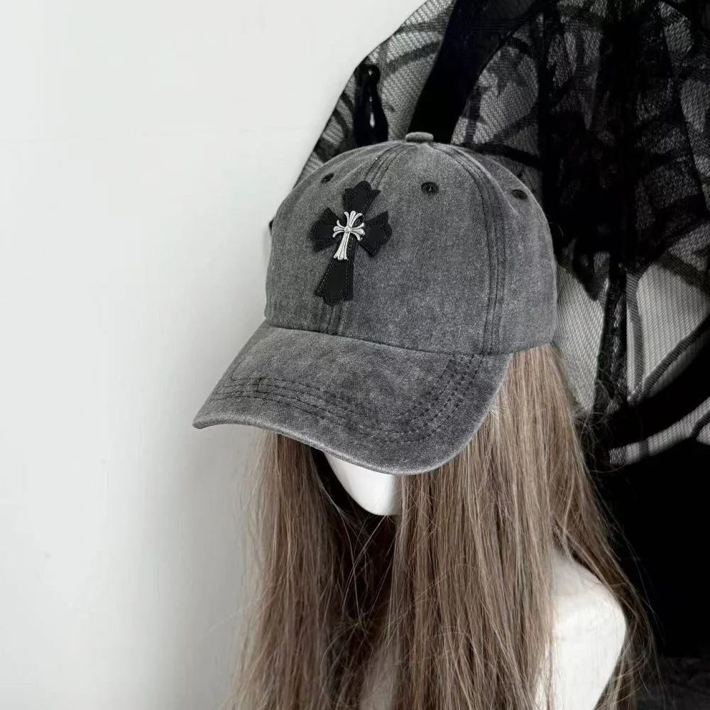 Y2k Subculture Black/White Cross Washed Retro Baseball Cap Hrajuku Cap Punk American Lolita Cap Accessories