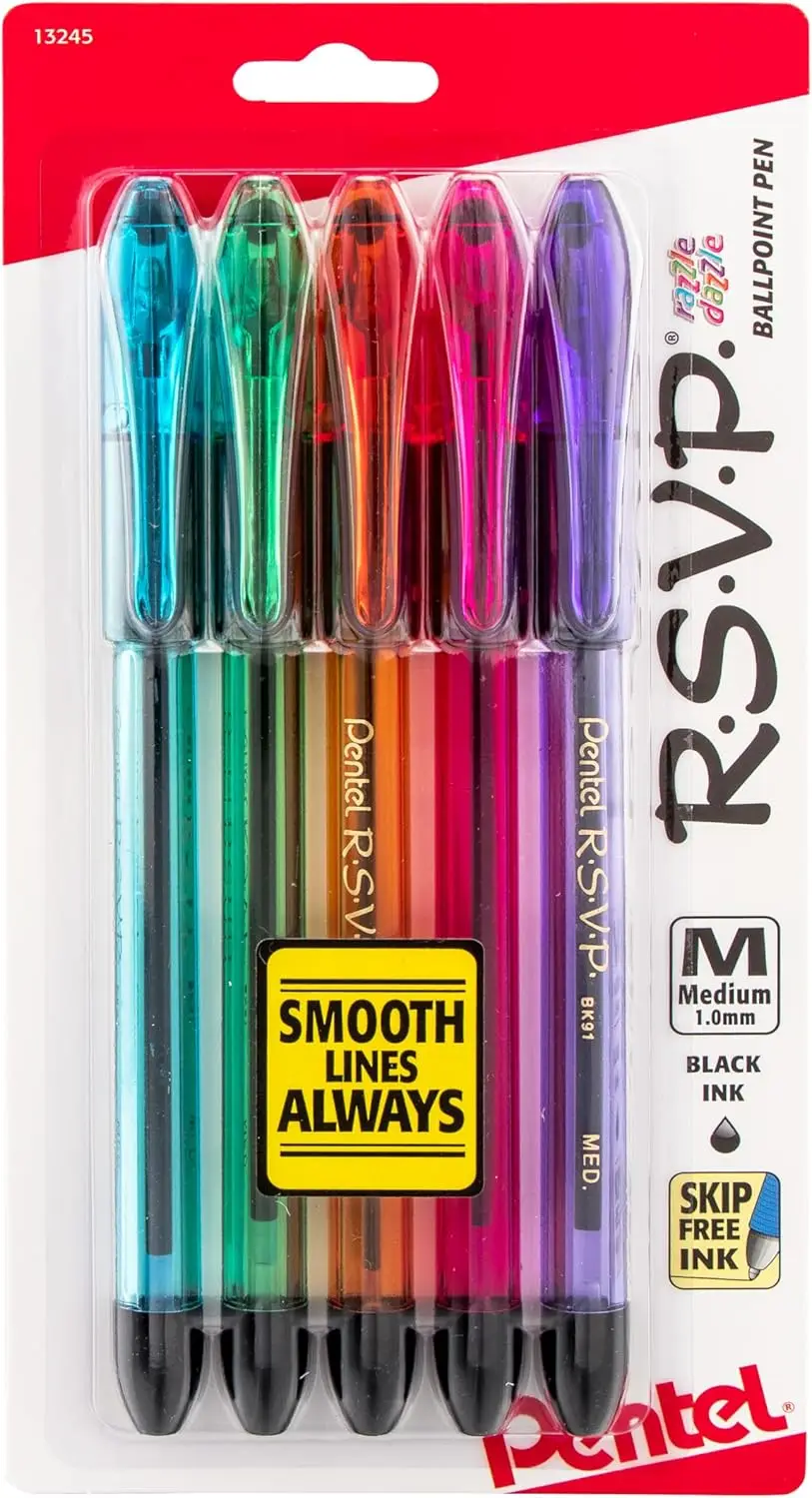 

Smooth 1.0mm Ballpoint Pen, Black Ink, Medium Line, Pack of 5, Comfort Grip