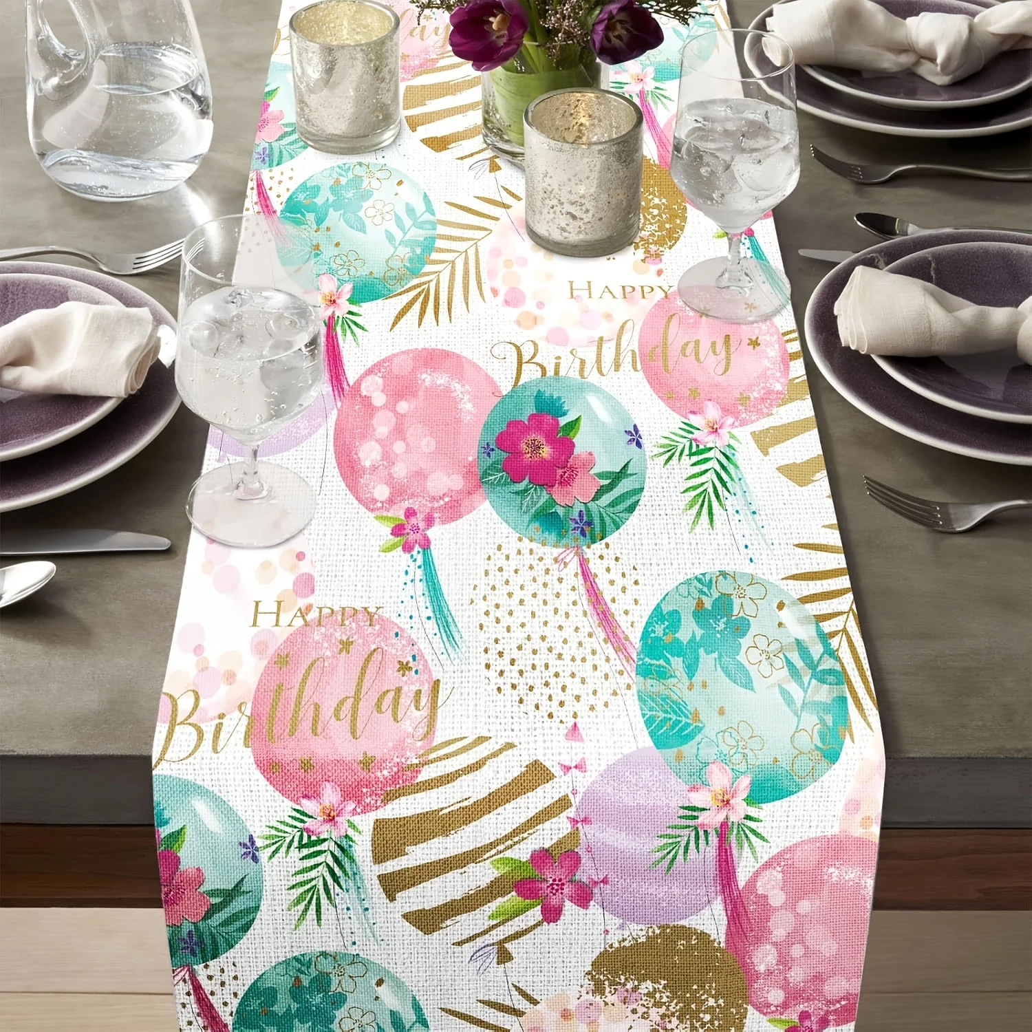 1 Piece of Colorful Cute Birthday Cake Candle Balloon Gift Pattern Table Runner, Suitable for Farmhouse, Indoor, Kitchen, Celebrations, Table Decoration, Restaurant, and Banquet Decoration Supplies