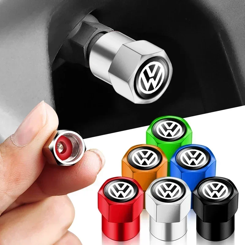 4 قطعة عجلة السيارة صمام الإطارات قبعات الجذعية مع شعار السيارات التصميم ل Volkwagen VW R-line GTI UPi جولف باسات جيتا توران CADDY