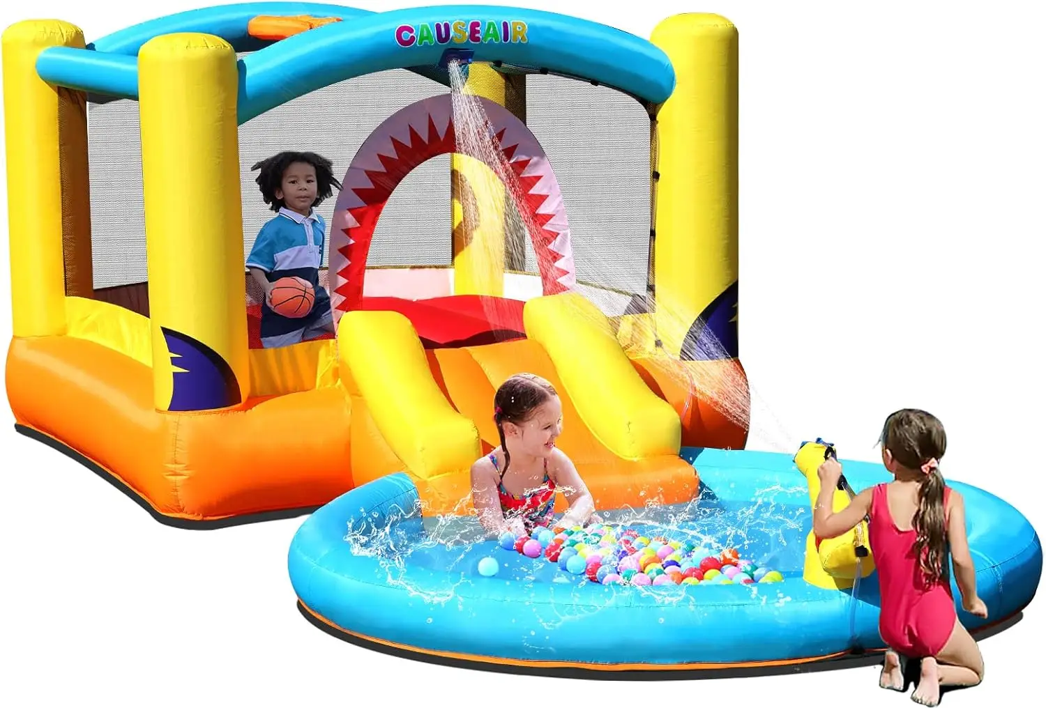 

Bounce House with Ball Pit & Water Slide,Wet & Dry Use,Water Spray Gun,Basketball Hoop,Bouncy House for Toddler Kids