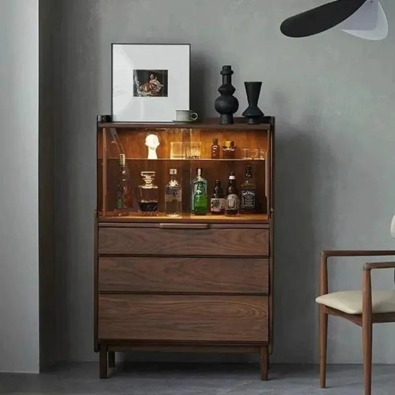 Walnut color dining side cabinet glass tea solid wood bedroom chest of drawers
