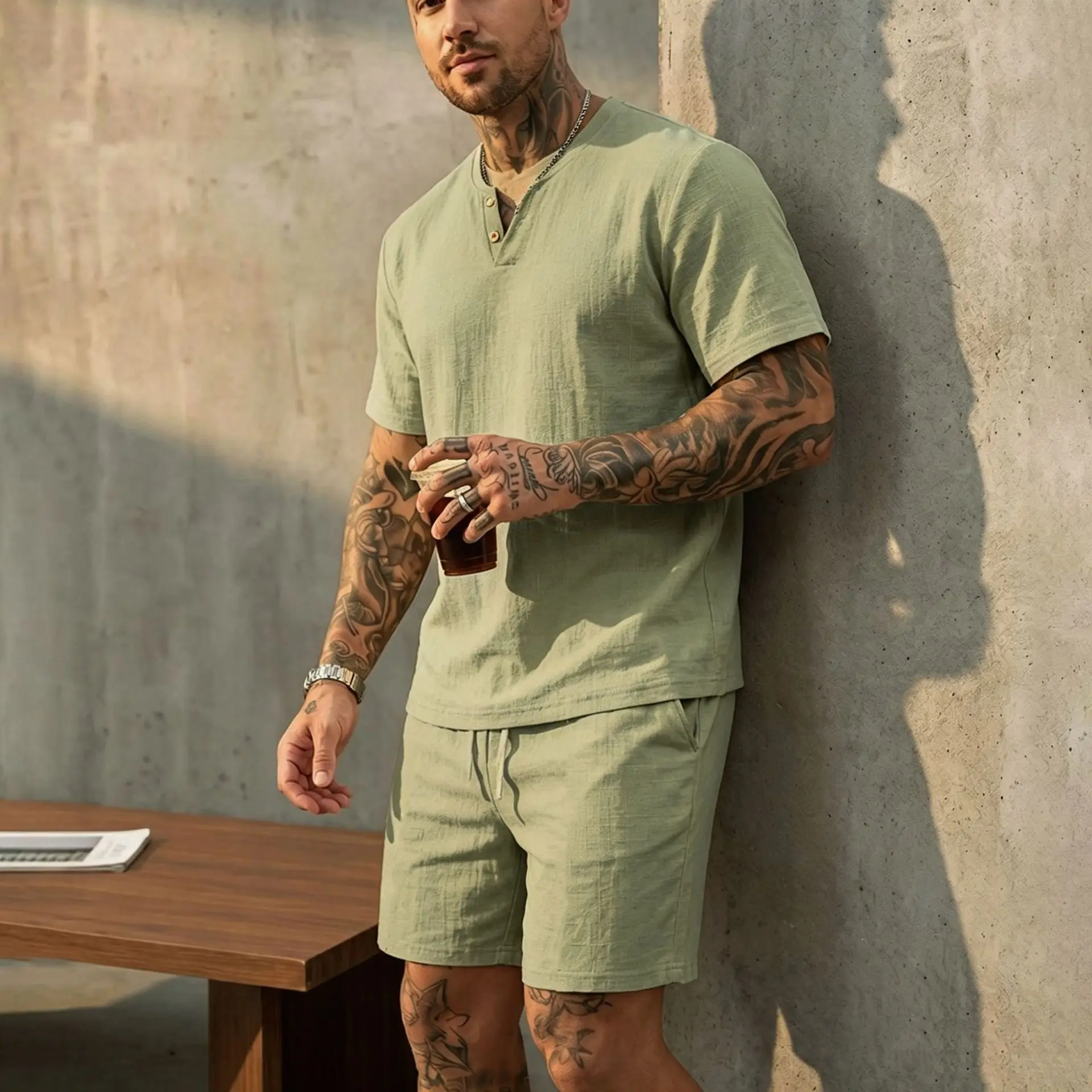 2026 Sommer Europäisch-Amerikanisches Herren-Leinen-Henley-Polo-Zweiteiler-Set: Lockeres Kurzarm-T-Shirt mit passenden Shorts – Atmungsaktives Urlaubsoutfit – Detail 19