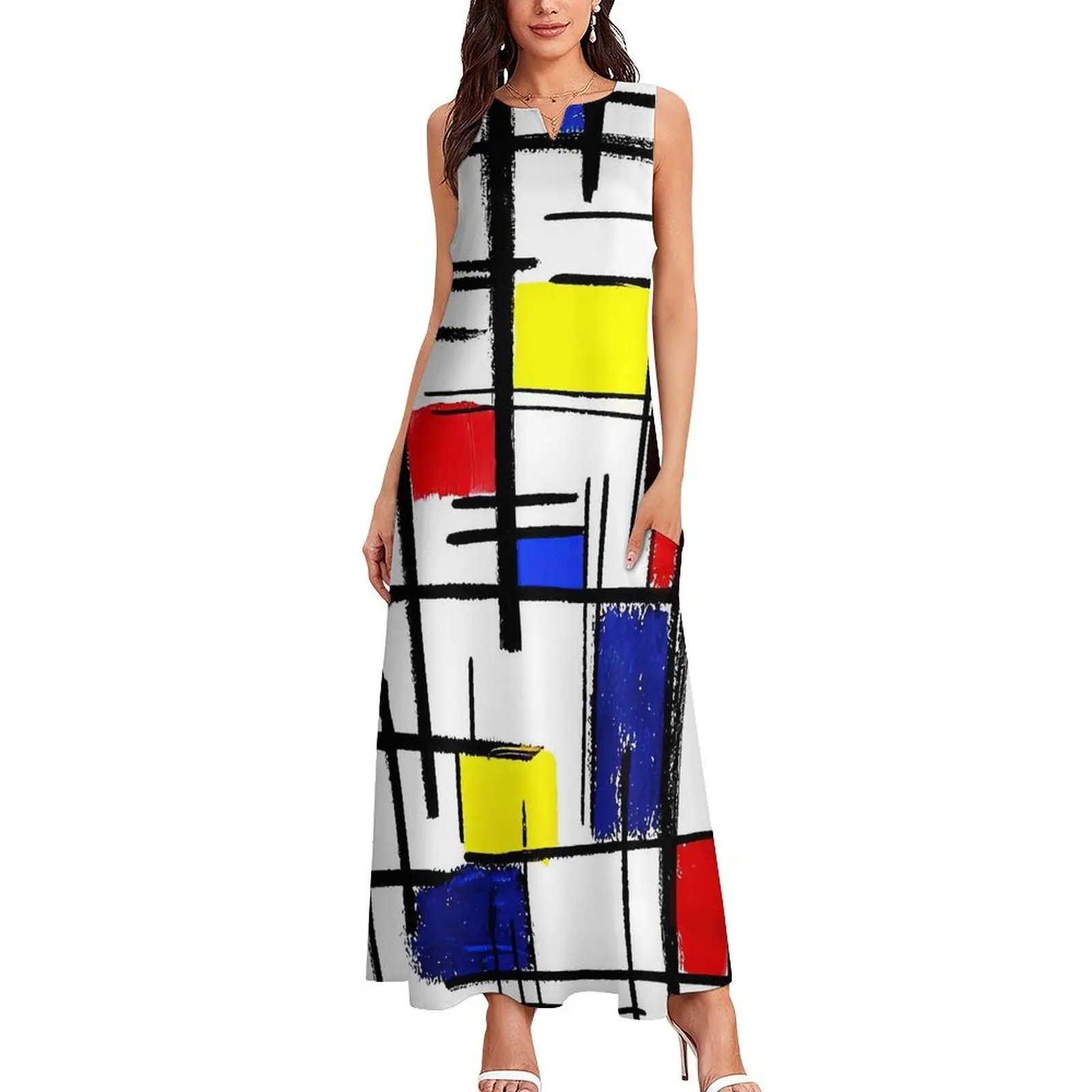 Mondrian Dress Summer De Stijl Modern Art Aesthetic Boho Beach Long Dresses Woman Custom Elegant Maxi Dress Large Size